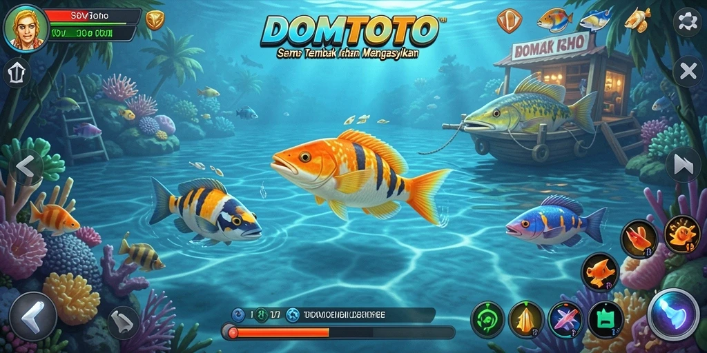 Screenshot gameplay DOMTOTO menampilkan serunya menangkap ikan dengan visual yang menawan.