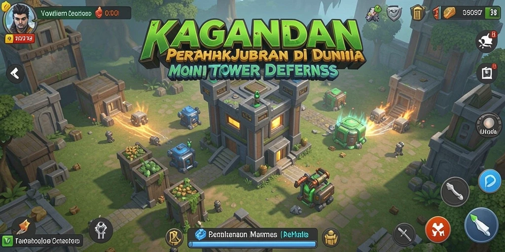 Tangkapan layar KAGANDAN menampilkan pemandangan pertahanan yang epik dengan tower yang siap tempur.