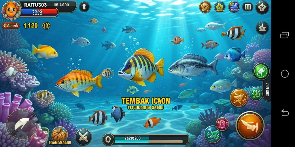 Tangkapan layar utama RATU303 menampilkan aksi menembak ikan yang seru.