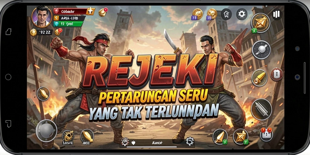 Screenshot utama menampilkan aksi berbahaya dalam pertarungan REJEKI.