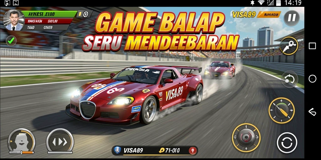 Screenshot gameplay VISA89 dengan mobil balap yang beraksi di trek.