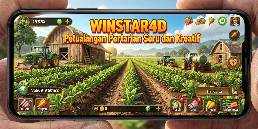 Tangkapan layar menampilkan gameplay WINSTAR4D dengan ladang yang hijau dan tanaman subur.